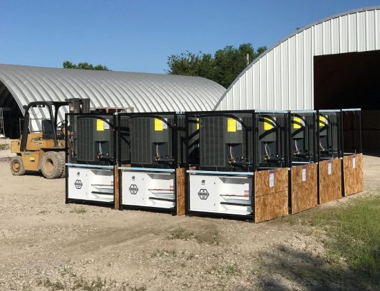 Subcooled 705 Cannabis Dehumidifiers on pallets ready to be shipped to a U.S. grow room.